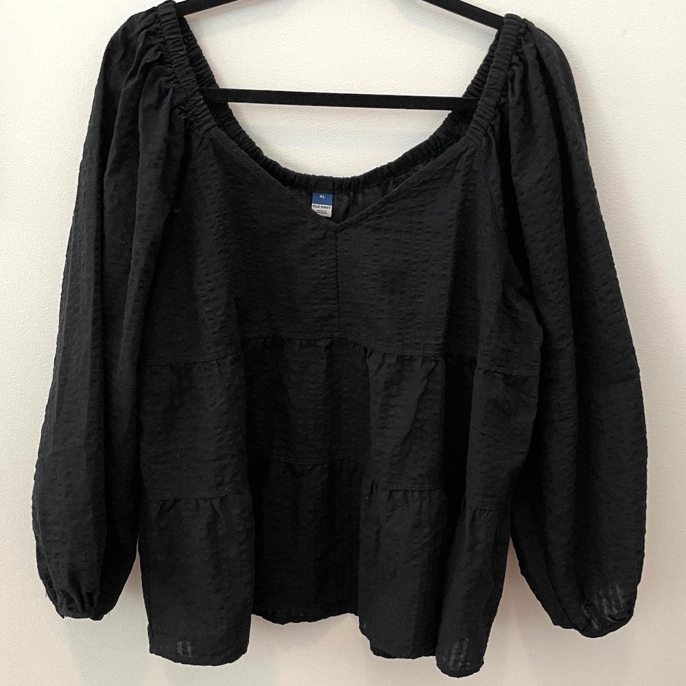 Old Navy Black Searsucker Off Shoulder Tiered Summer Top
